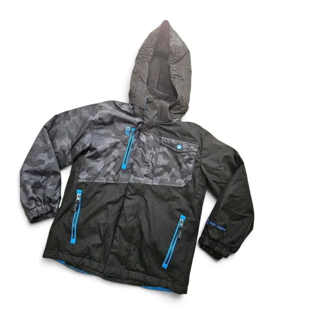 Free Country Hooded Full Zip Fleece Lined Camo Jacket Black/Gray/Blue Kids S